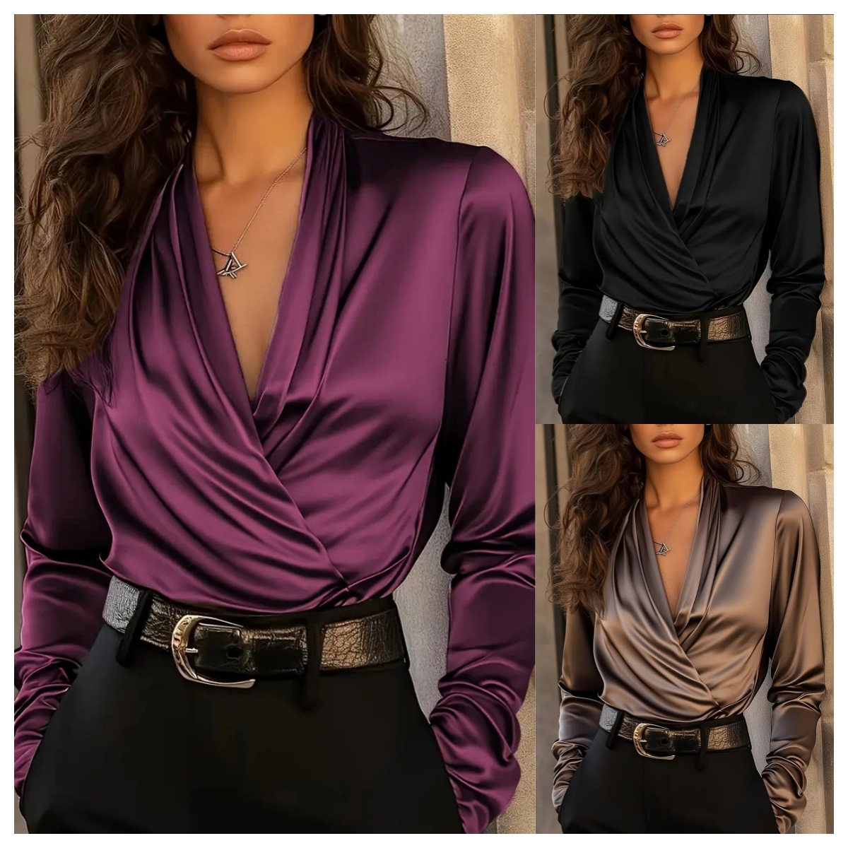 Women Formal Office Wear Tops - Damen Satin Wickelbluse mit V-Ausschnitt und