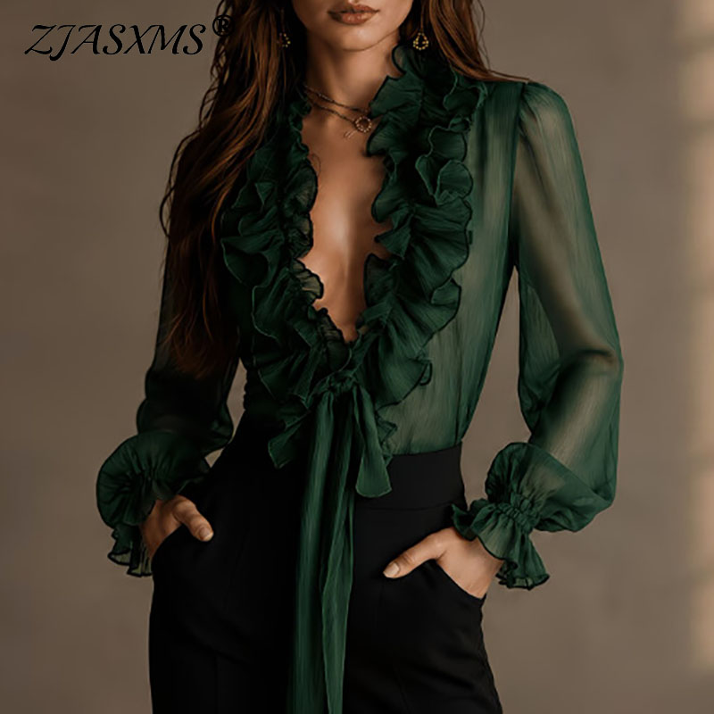 Women'S Formal Wear Blouse - Elegante Damen-Bluse mit transparentem Oberteil, tiefem