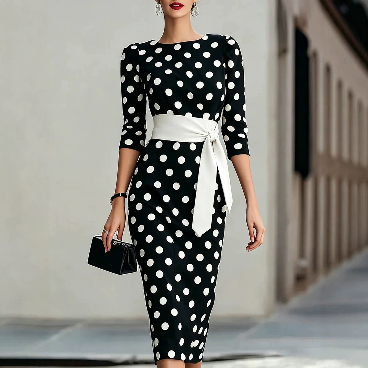 Women Formal Office Wear Tops - Elegantes Damenkleid in Schwarz-Weiß mit Polka