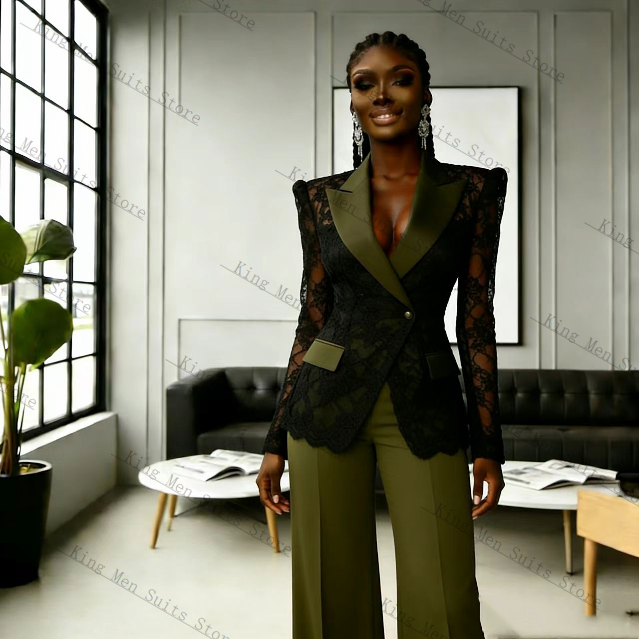 Women Formal Wear With Black Blazer - Grün-Schwarzes Spitzen-Damenanzug-Set 2-teilig Blazer+Hose Herbst Frühling