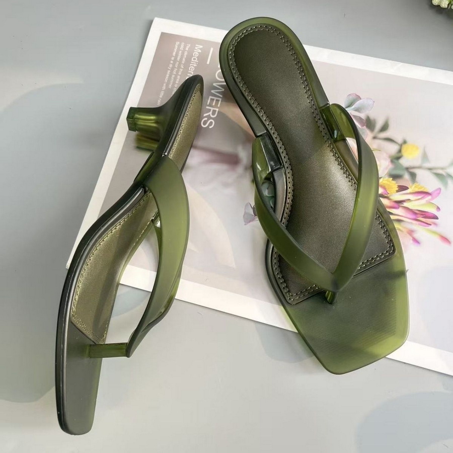 Kitten Heel Women - Koreanische Olivgrüne PVC-Zehenstegsandalen für Damen mit
