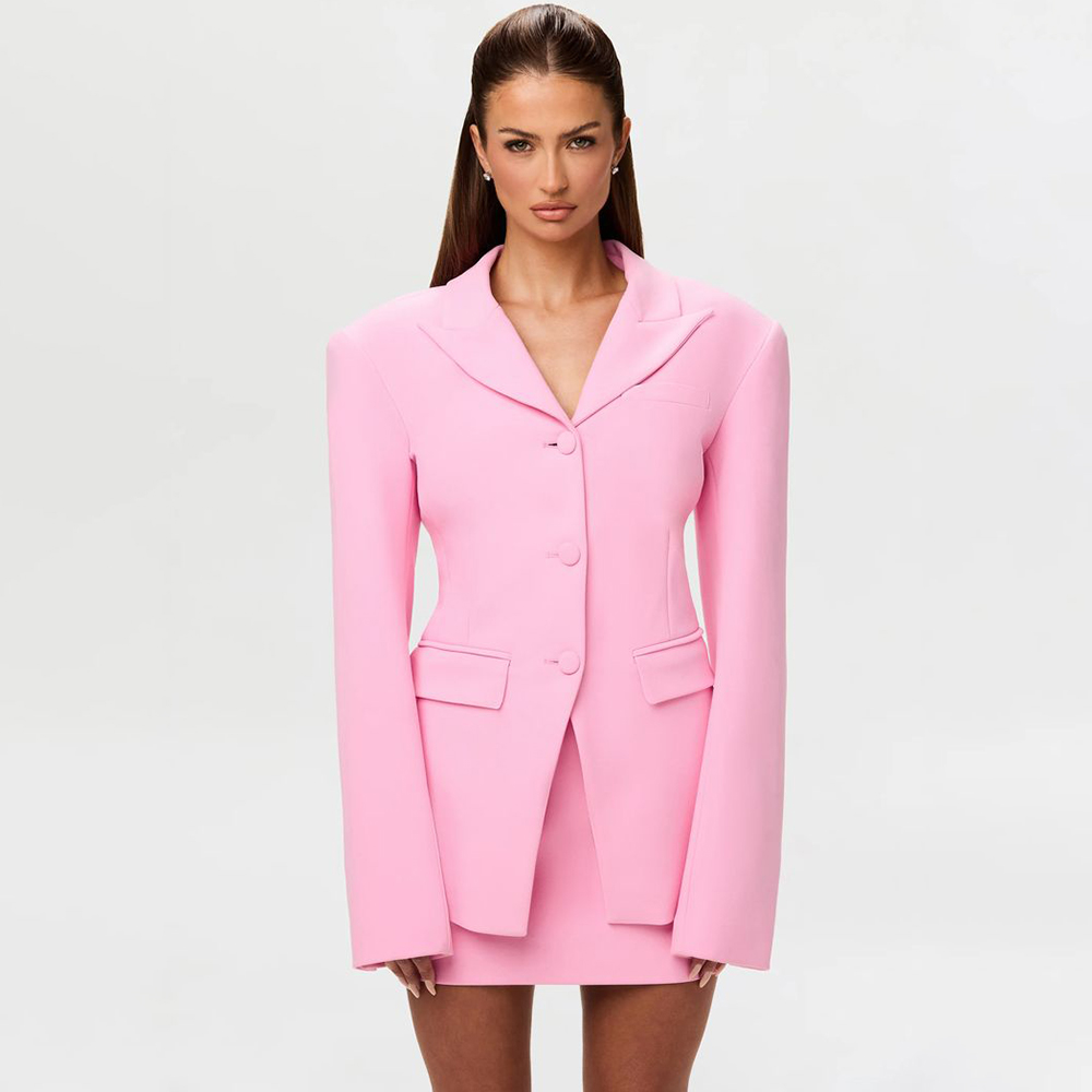 Women Formal Wear With Skirt - Lebhaft Rosa Damen 2-Teiliges Anzug-Set Spitzrevers