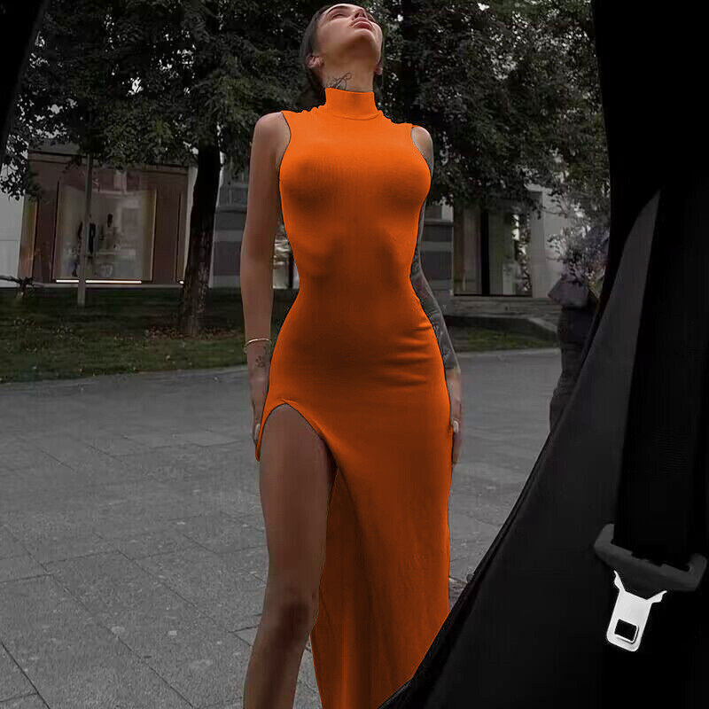 Formal Wear For Women Xl - Y2k ärmellose orange Midi-Damenkleider, seitlicher Schlitz,