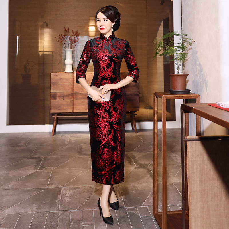 Women'S Red Formal Wear - Qipao Damen Herbst Winter Luxus Langarm